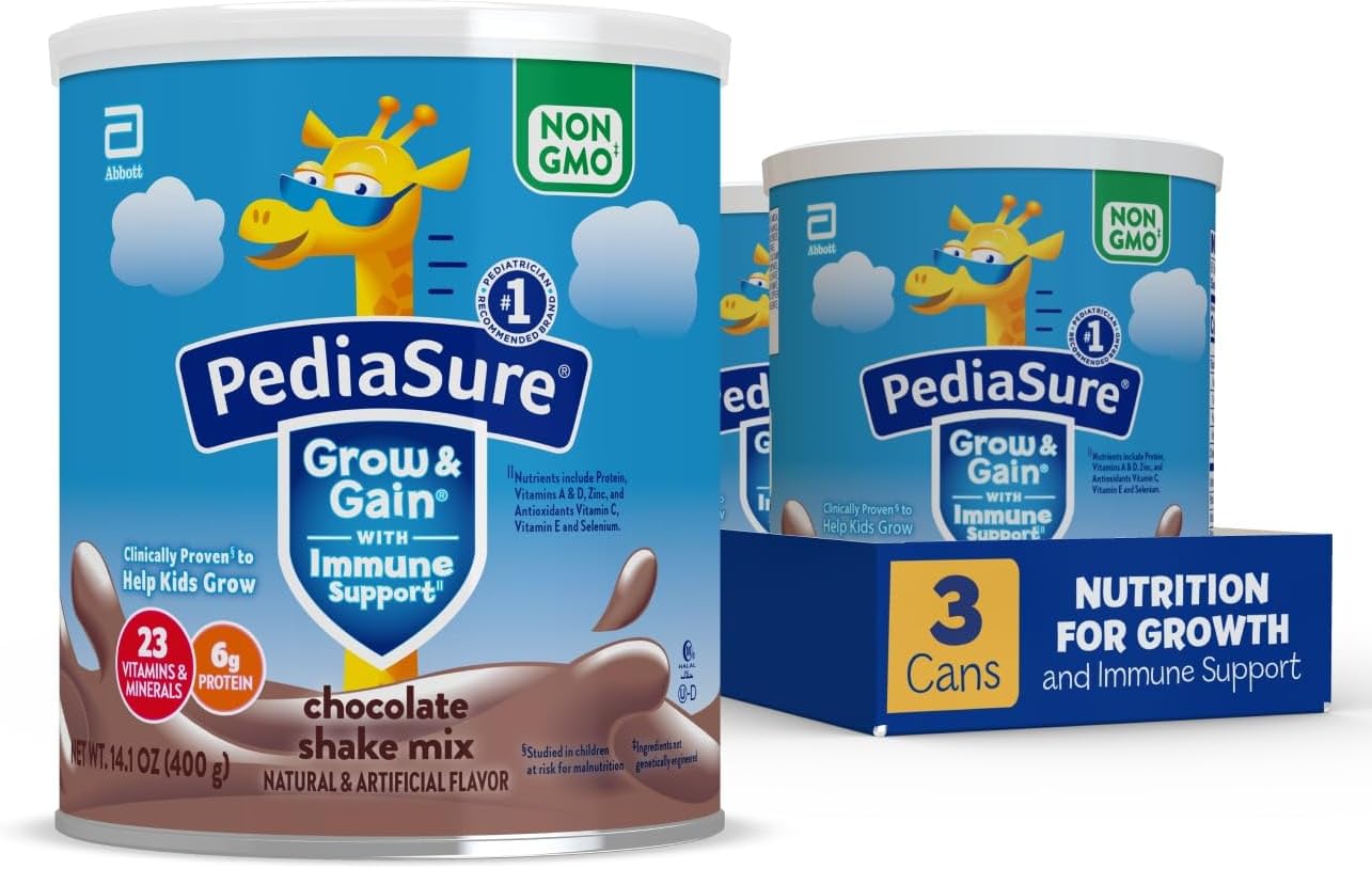 Pediasure Grow & Gain With Immune Support Shake Mix Powder,Kids Shake,23 Vitamins And Minerals,6G Protein,Helps Kids Catch Up On Growth,Non-Gmo,Gluten-No,Chocolate,14.1-Oz Can,3 Cans—24 Servings