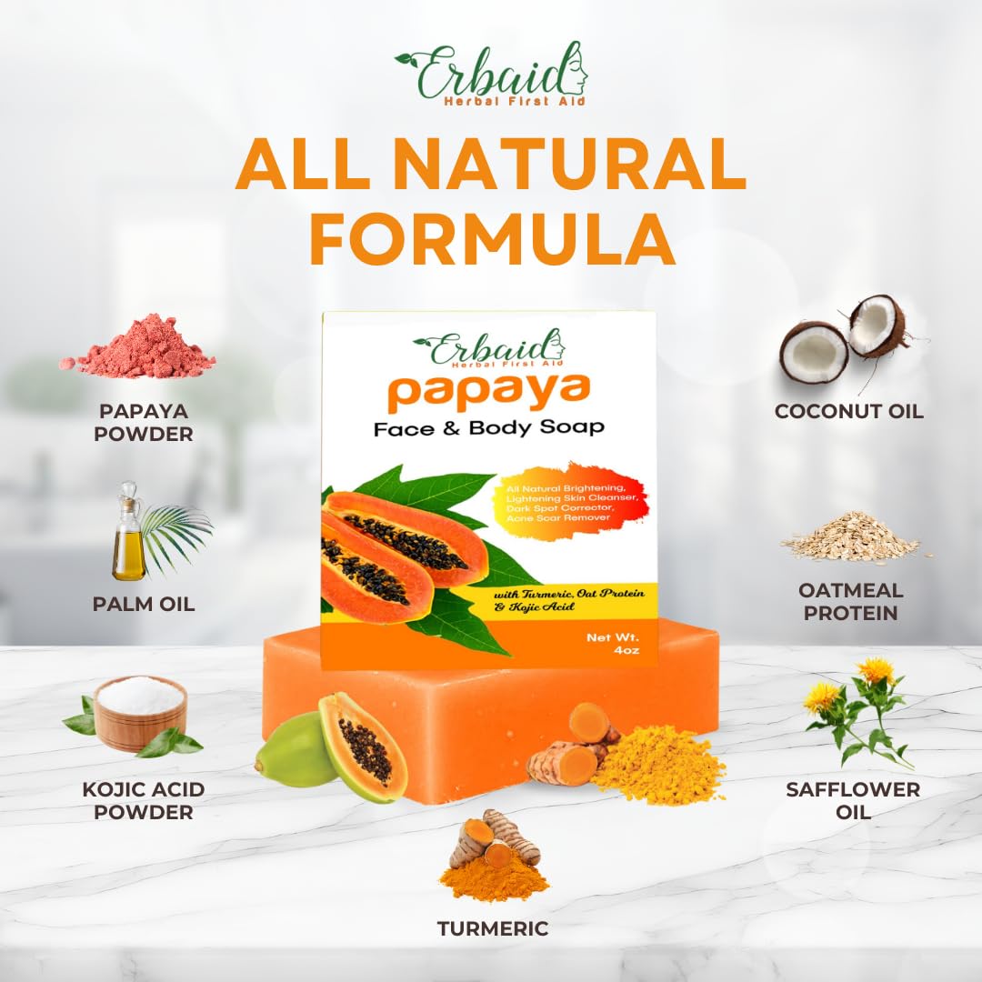 Erbaid Papaya Soap Face & Body Wash – Skin Brightening Papaya Soap Bar For Dark Spots – Reduce Acne, Cleanse Scars, & Even Tone – With Turmeric, Kojic Acid & Essential Oils – For All Types : Beauty & Personal Care