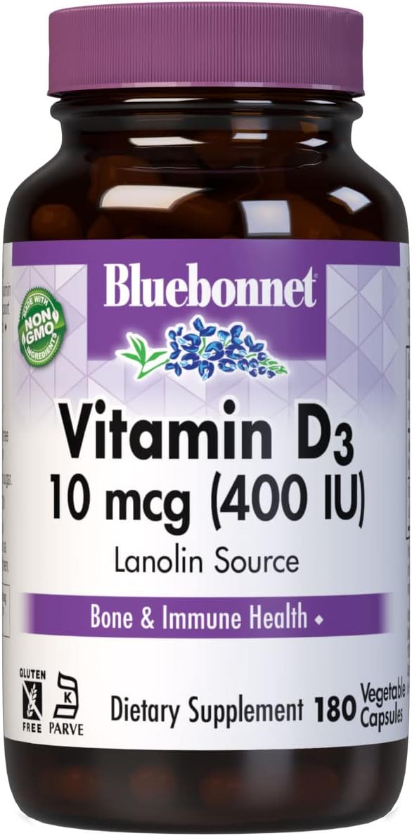 BlueBonnet Nutrition Vitamin D3 400 IU Vegetable Capsule, Aids in Musc