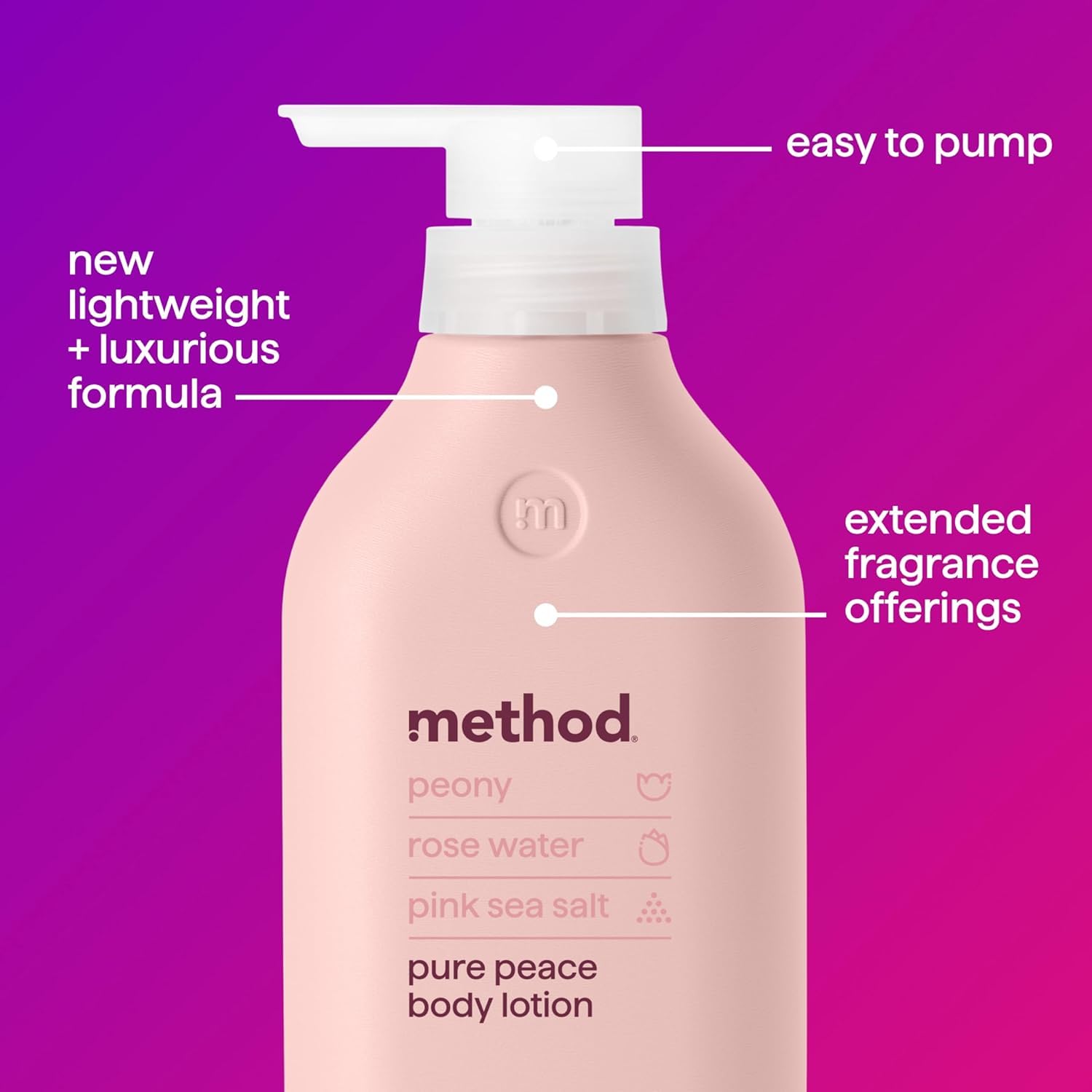 Method Body Lotion, Pure Peace, Rose Water, Peonies + Pink Sea Salt Notes, 24 Hours Of Moisture, 14 Oz : Beauty & Personal Care
