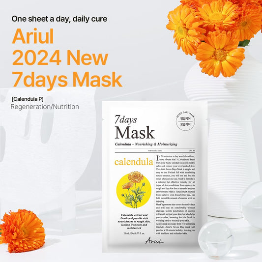 Ariul 7 Days Mask Calendula P – Nourishing & Moisturizing Korean Face Mask With Calendula Extract & Panthenol, Skin Barrier Hydration, Vegan Sheet, 10 Masks, 23Ml / 0.77 Fl. Oz Each (Calendula P)