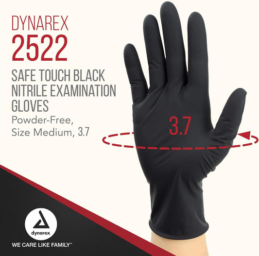 Dynarex Safe-Touch Black Disposable Nitrile Exam Gloves, Powder-Free, Used In Healthcare And Professional Settings, Law Enforcement, Tattoo, Salon Or Spa, Medium, 1 Box Of 100 Gloves