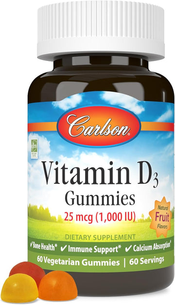 Carlson - Vitamin D3 Gummies, 1000 IU (25 mcg), Bone Health, Immune Support & Calcium Absorption, Natural Fruit Flavors, 60 Vegetarian Gummies