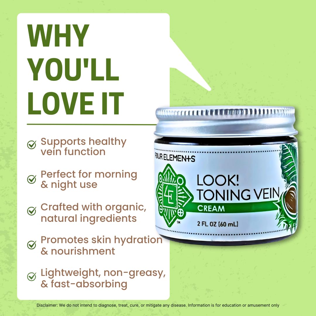 Four Elements 4E Look! Toning Vein Cream, Certified Organic Skincare With Horse Chestnut And Gotu Kola, 2 Oz : Health & Household