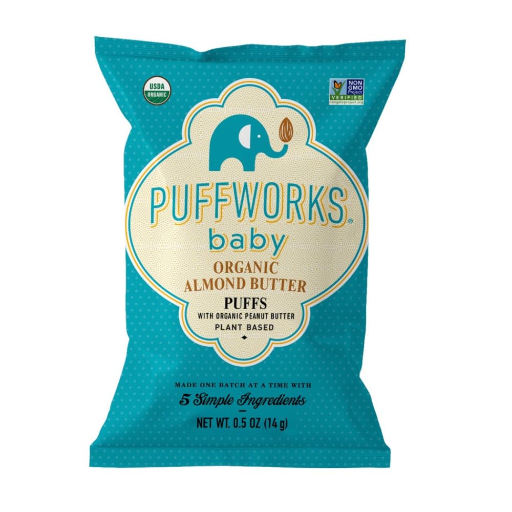 Puffworks Baby Organic Almond Butter Puffs, With Peanut Butter, Plant-Based Protein, Usda Organic, Gluten-Free, Vegan, Non-Gmo, Kosher, 0.5 Ounce (Pack Of 12)