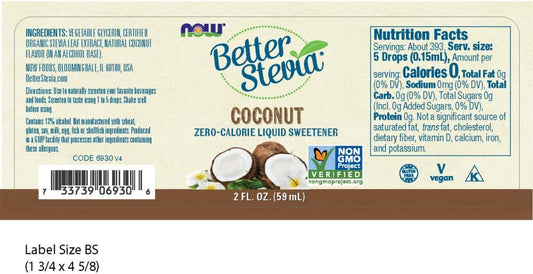 Now Foods Betterstevia Coconut Zero-Calorie Liquid Sweetener, Keto Friendly, Suitable For Diabetics, No Erythritol, 2-Ounce