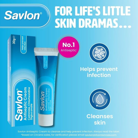 Savlon Antiseptic Cream, Cleanses & Helps Prevent Infection, First Aid For Minor Cuts & Wounds, Spots, Blackheads, Nappy Rash, Sunburn, Sores & Blisters, 1 X 30G