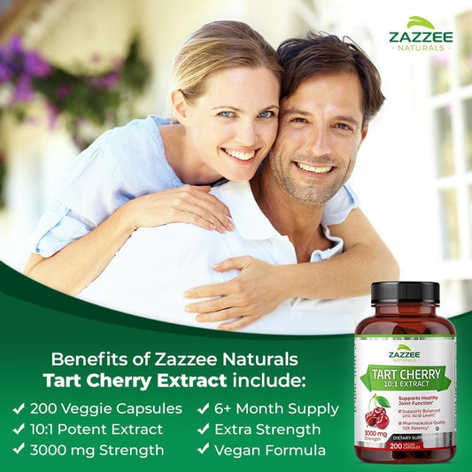 Zazzee Tart Cherry 10:1 Extract, 3000 Mg Strength, 200 Vegan Capsules, 6+ Month Supply, Certified Kosher, Concentrated And Standardized 10X Extract, 100% Vegetarian, All-Natural, Gluten Free, Non-Gmo