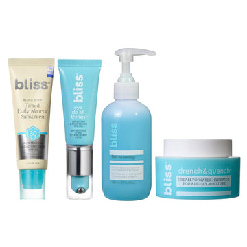 Bliss Skin Starter Kit 4Pc Set: Fab Foaming Exfoliating Cleanser, Drench & Quench Moisturizer, Block Star Daily Mineral Spf 30, Eye Do All Things Brightening Eye Cream