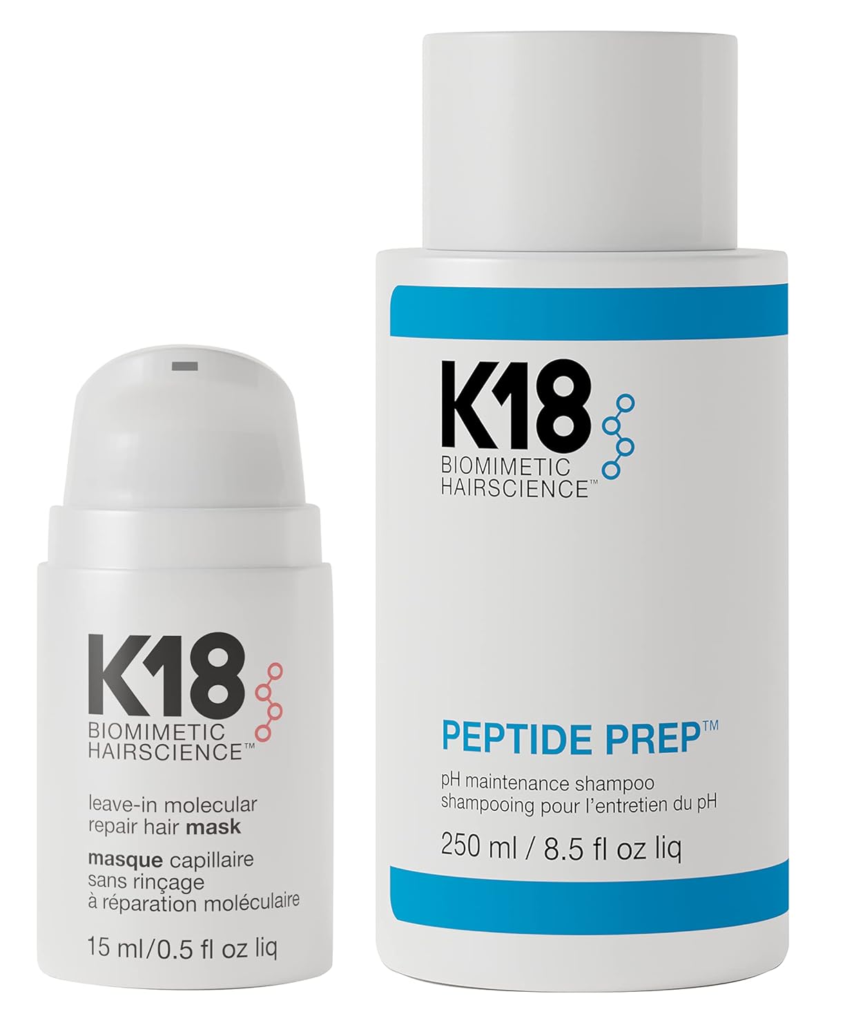 K18 Cleanse and Repair Leave-In Repair Hair Mask(15ml), 4-Minute Speed Treatment and PEPTIDE PREP Cleansing pH Maintenance Color Safe Shampoo for Daily Use (8.5oz)