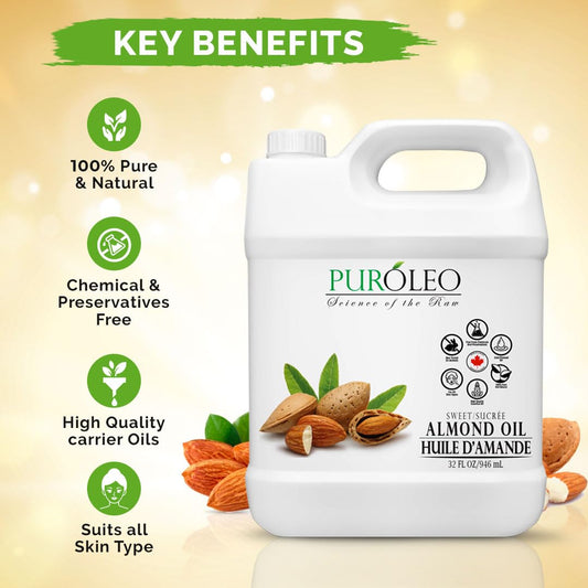 Puroleo Sweet Almond Oil 32 Fl Oz/946 Ml 100% Natural And Pure | Moisturizer & Carrier Oil | Beauty & Diy Blends, Massage Oil, Body Oil, Hair Oil And Baby Oil | Made From Almonds Raw