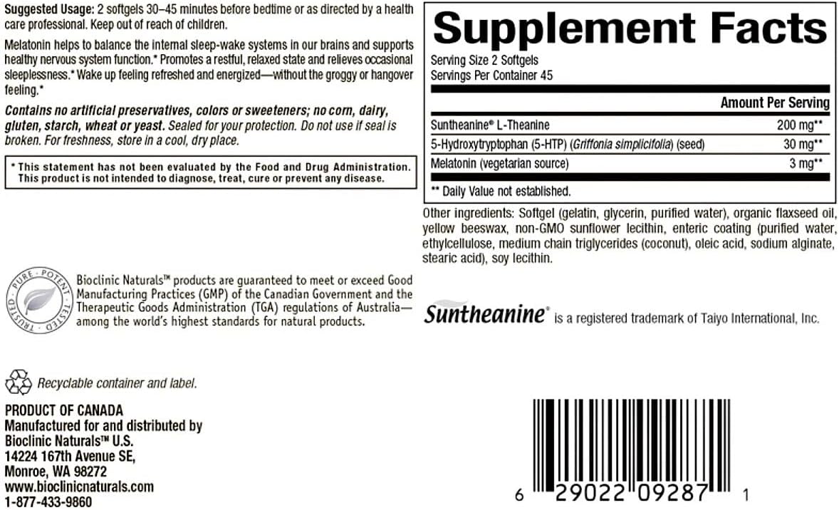 Bioclinic Naturals, Somno-Pro 90 Gels With Melatonin, 5Htp, And L-Theanine