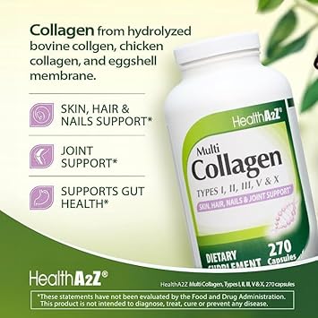 Healtha2Z® Multi Collagen Pills | 1735 Mg | 270 Collagen Capsules | Types I, Ii, Iii, V & X | For Healthy Skin, Hair, Nails & Joint Support