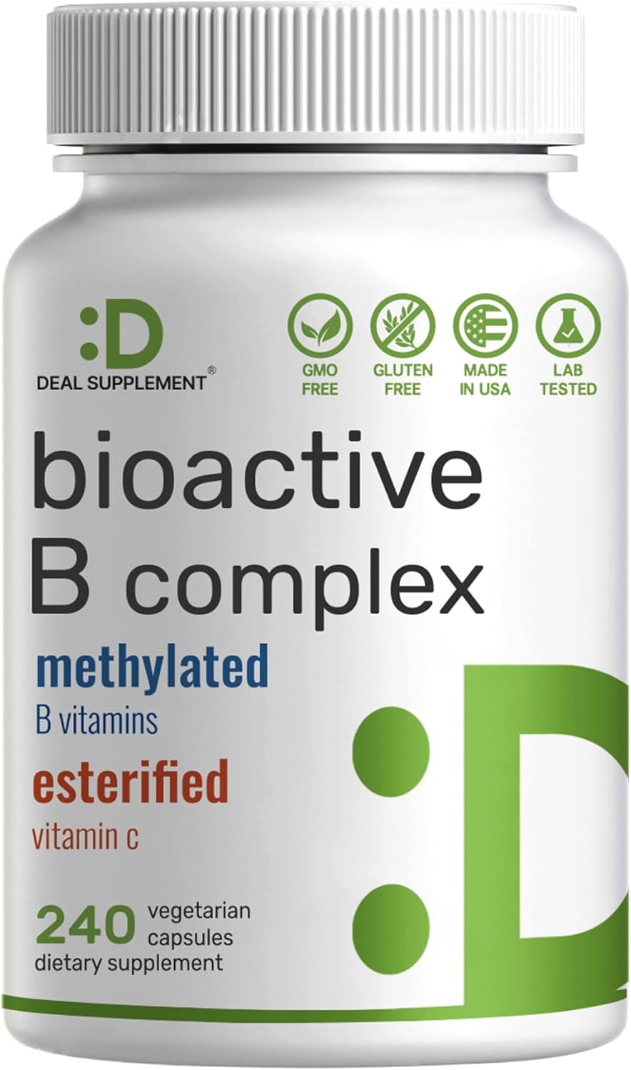 Bioactive Vitamin B Complex, 240 Veggie Capsules - Methylated Multivitamin B Complex & Esterified Vitamin C – High Potency & Easy Absorption – Immune, Energy, & Metabolism Supplement – Non-Gmo