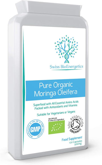 Pure Organic Moringa Oleifera 500Mg 120 Capsules - No Fillers Or Flowing Agents - 100% Natural Soil Association Certified High Strength Superfood With All Essential Amino Acids