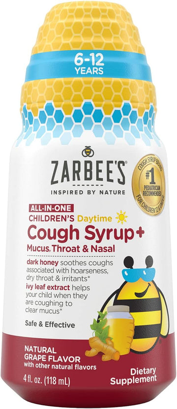 Zarbee'S Kids All-In-One Daytime Cough For Children 6-12 With Dark Honey, Turmeric, B-Vitamins & Zinc, 1 Pediatrician Recommended, Drug & Alcohol-Free, Grape Flavor, 4Fl Oz