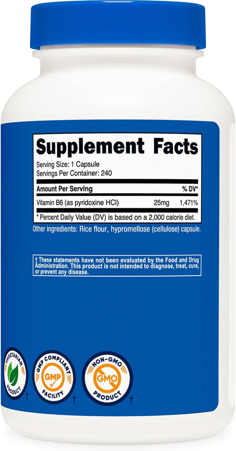 Nutricost Vitamin B6 (Pyridoxine HCl) 25mg, 240 Capsules - Non-GMO, Gluten Free and Vegetarian Friendly : Health & Household