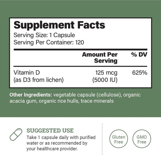 Vegan Vitamin D3 5000 Iu Supplement - Pure, High Potency D3 Vitamin 5000 Iu Supplements For Immune Health & Strong Bones Support - Vitamin D 5000 Iu - 120 Capsules, 4-Month Supply Of Vit D3