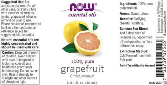 Now Essential Oils, Grapefruit Oil, Sweet Citrus Aromatherapy Scent, Cold Pressed, 100% Pure, Vegan, Child Resistant Cap, 1-Ounce