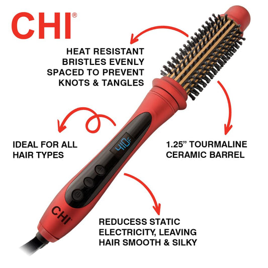 CHI Tourmaline Ceramic Series Heated Round Brush, Reduces Frizz & Adds Shine To Hair, Adjustable Temperature & Automatic Shut-Off, 1.25" Barrel, Ruby Red
