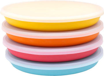 WeeSprout Bamboo, Silicone, Melamine Dishware Plate with Lids, Set of 4, Kid-Sized Design for Leftovers, Dishwasher Safe (Blue, Yellow, Orange, and Red)