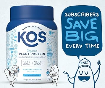 KOS Plant Based Protein Powder, Blueberry Muffin - Organic Pea Protein Superfood with Spirulina and Immune Support Blend. Soy, Gluten, Dairy Free - Vegan Meal Replacement for Women & Men - 15 Servings : Health & Household
