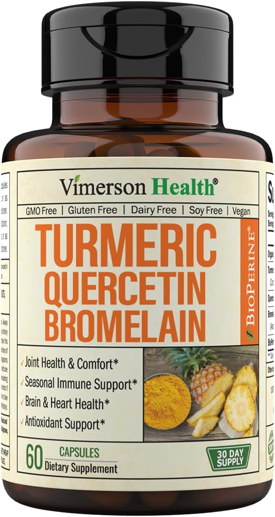 Quercetin With Bromelain & Turmeric Curcumin - Bromelain Supplement With Black Pepper. Immune Support & Joint Support Supplement - Bioperine, Bromaline & 700Mg Organic Tumeric. Non-Gmo. Vegan. 60 Caps
