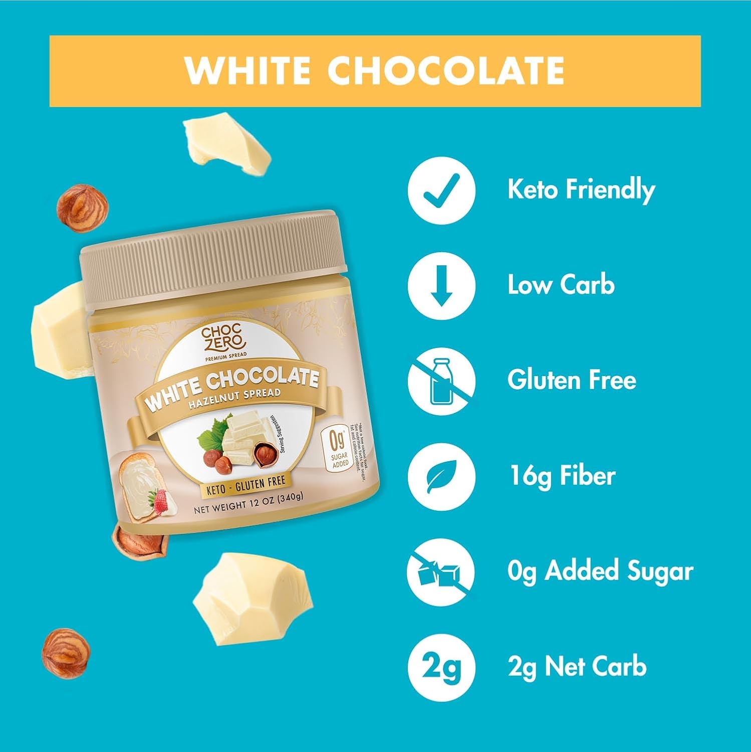 Choczero Keto White Chocolate Hazelnut Spread - Keto Friendly, No Sugar Added, Best Low Carb Dessert, Perfect Topping For Breakfast, Naturally Sweetened With Monk Fruit (1 Jar, 12 Oz)