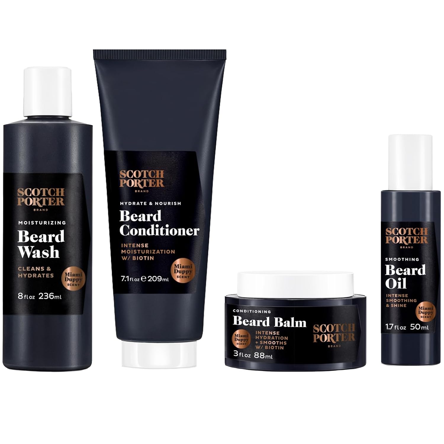 Scotch Porter Miami Duppy Beard Collection | Includes Beard Wash, Beard Conditioner, Beard Balm, and Beard Serum | Formulated with Non-Toxic Ingredients, Free of Parabens, Sulfates & Silicones | Vegan