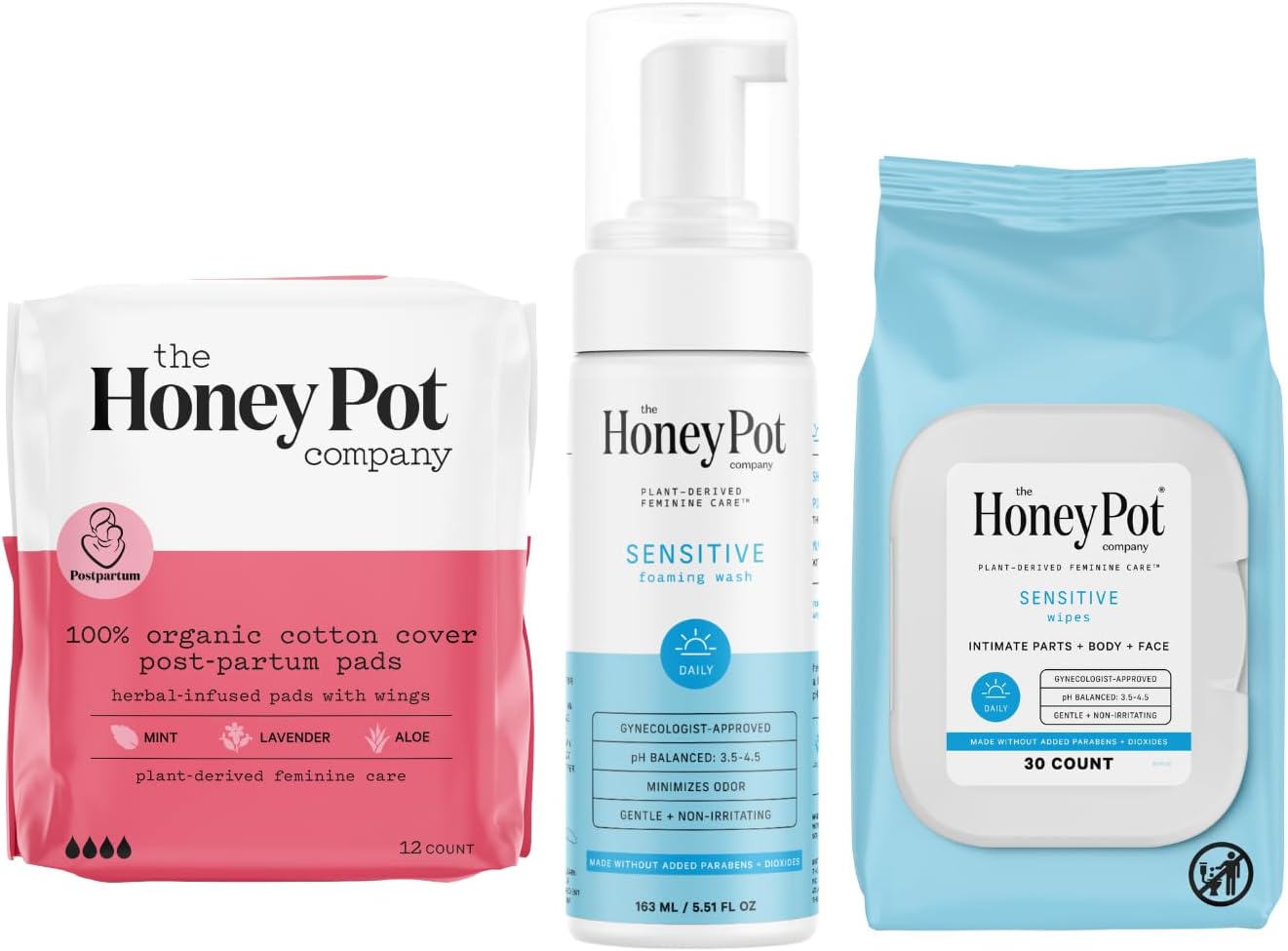 The Honey Pot Company - Postpartum Pads, Sensitive Feminine Wash & Wipes Bundle - Herbal Infused & PH Balanced Natural Hygiene Feminine Products - Postpartum Essentials - Feminine Care