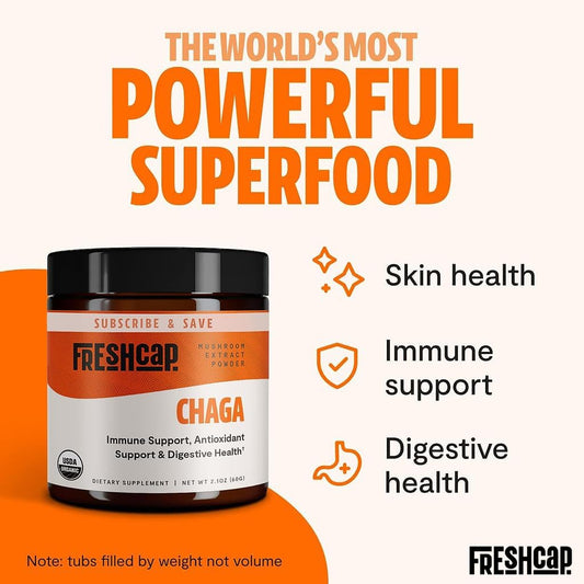 FreshCap Chaga Organic Mushrooms Extract Powder - Antioxidant, Digestive Health, Immune Support Supplement - Vegan, Pure Fruiting Body Extract - Add to Coffee/Tea/Smoothies - 2.1 Ounces