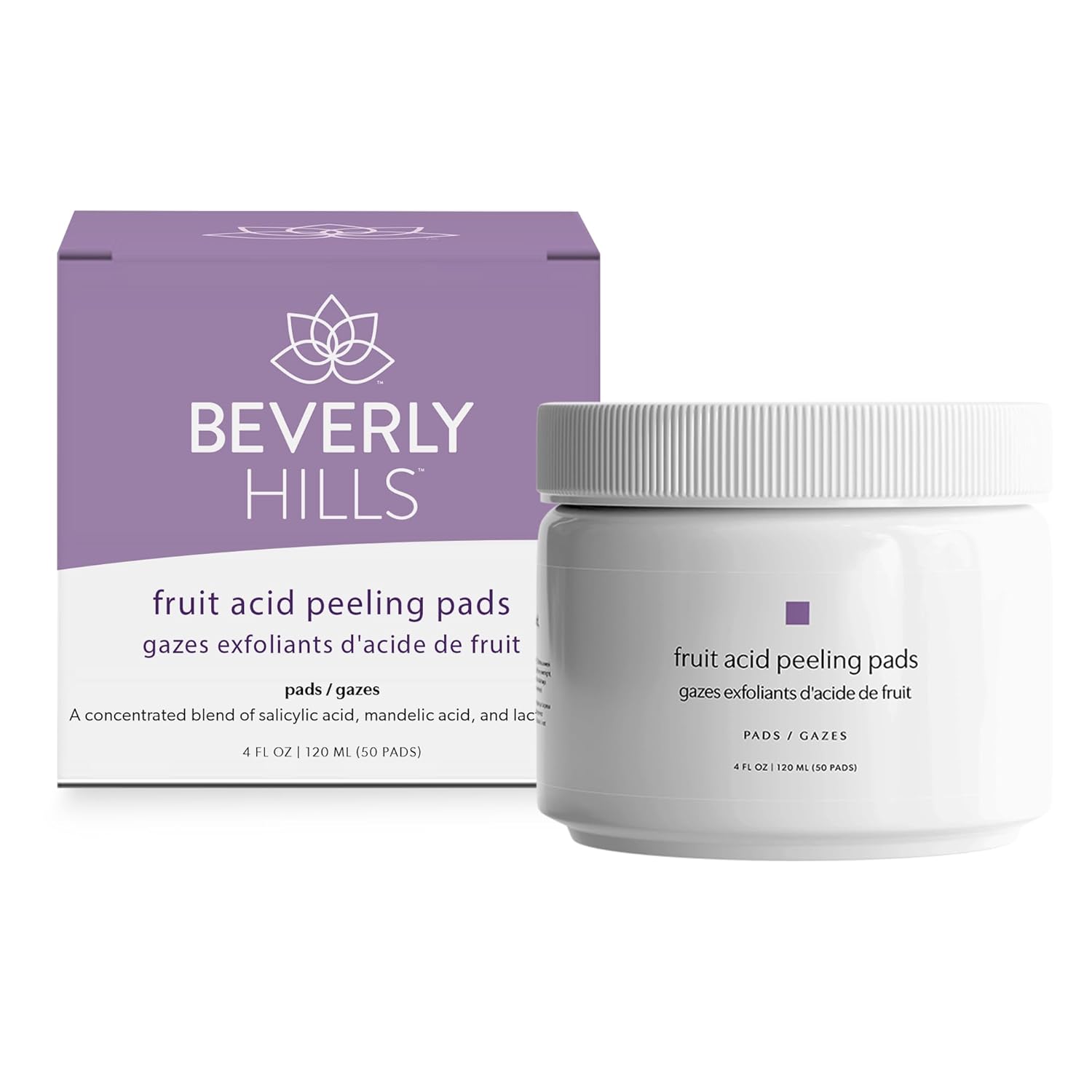 Beverly Hills Fruit Acid Peeling Pads - 50 Face Exfoliator Pads For Reducing Fine Lines & Dark Spots | Facial Cleansing Pads With Salicylic, Lactic & Mandelic Acid For Glowing Skin, 50 Face Pads