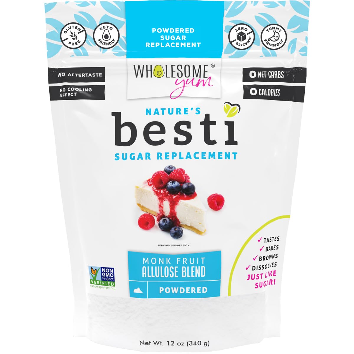 Wholesome Yum Besti Natural Powdered Sugar Substitute - Confectioners Monk Fruit Sweetener Blend With Allulose (No Erythritol) - Keto, Non Gmo, Zero Carb, Zero Calorie, No Aftertaste (12 Oz)