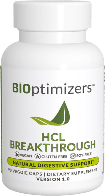 BiOptimizers HCL Breakthrough - Betaine Hydrochloride Enzymes Supplement - Assists with Protein Breakdown and Absorption - Helps Gas and Heartburn Relief - 90 Pepsin-Free Capsules
