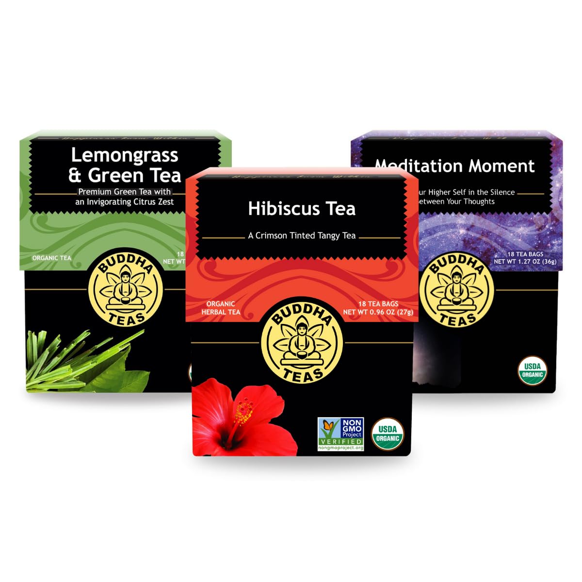 Buddha Teas - Organic Summer Tea Bundle - With Hibiscus Tea, Lemongrass Green Tea & Meditation Moment Tea - Vitamins & Minerals - Refreshing Teas - Clean Ingredients - Ou Kosher & Non-Gmo - Pack Of 3