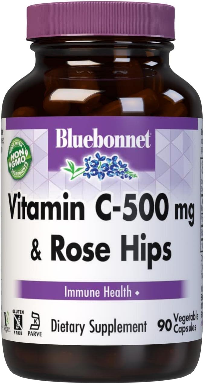 Bluebonnet Nutrition Vitamin C-500 Mg Plus Rose Hips Vegetable Capules, For Immune Health, For Antioxidant Protection, Soy Free, Gluten Free, Non-Gmo, Kosher, Dairy Free, Vegan, 90 Count