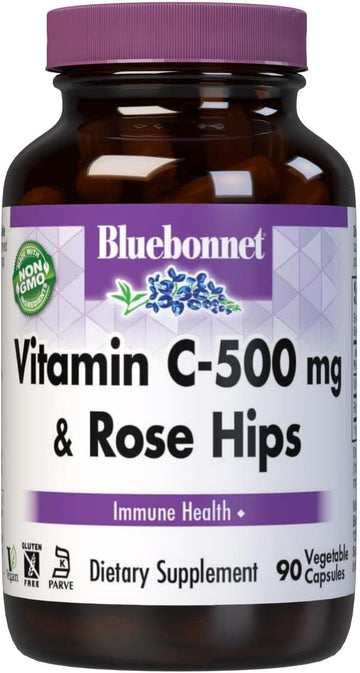 Bluebonnet Nutrition Vitamin C-500 Mg Plus Rose Hips Vegetable Capules, For Immune Health, For Antioxidant Protection, Soy Free, Gluten Free, Non-Gmo, Kosher, Dairy Free, Vegan, 90 Count