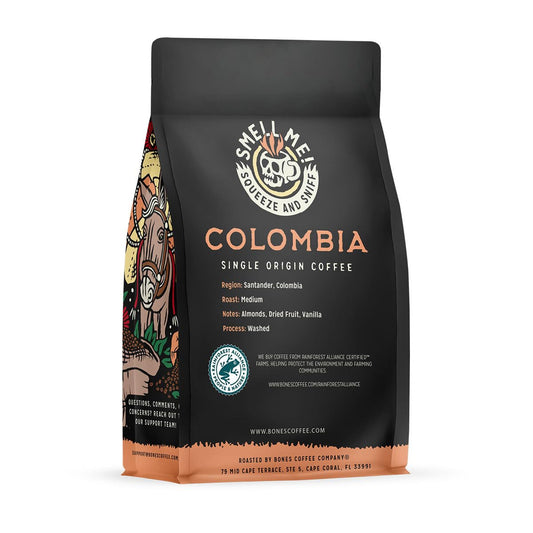 Bones Coffee Company Colombia Single-Origin Whole Coffee Beans | 12 oz Medium Roast Low Acid Coffee Arabica Beans | Coffee Gifts & Beverages (Whole Bean)