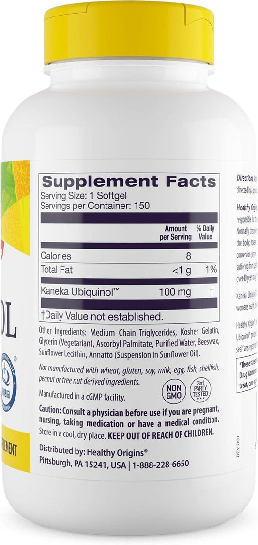 Healthy Origins Ubiquinol 100 Mg (Kaneka Qh, Non-Gmo, Gluten Free, Heart Support, Energy Support), 150 Softgels