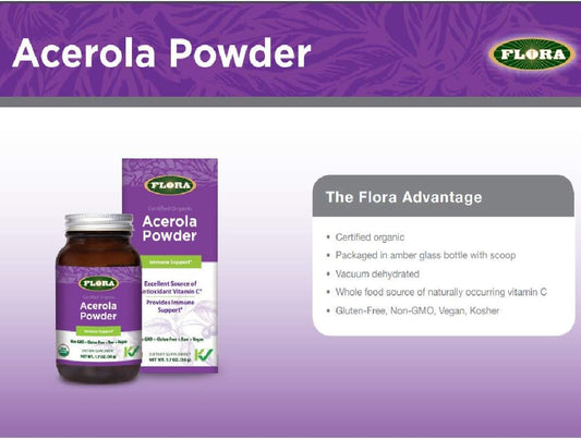 Flora - Acerola Powder, Daily Immune Booster with Vitamin C, Gluten Free & Vegan Vitamin C Antioxidant Powder, 1.7-oz. Glass Bottle : Health & Household