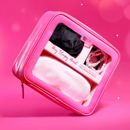 Umberto Giannini Hey Sleepy Head Set With Accessories Toiletry Bag - Black Vegan Silk Hair Wrap And Pink Vegan Silk Eye Mask For Sleeping & 3 X Vegan Silk Scrunchie Hair Ties For Women