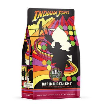 Bones Coffee Company Daring Delight Ground Coffee Beans Coconut & Caramel Flavor | 12 oz Flavored Coffee Gifts Low Acid Gourmet Coffee Beverages Inspired by Disney's Indiana Jones (Ground)