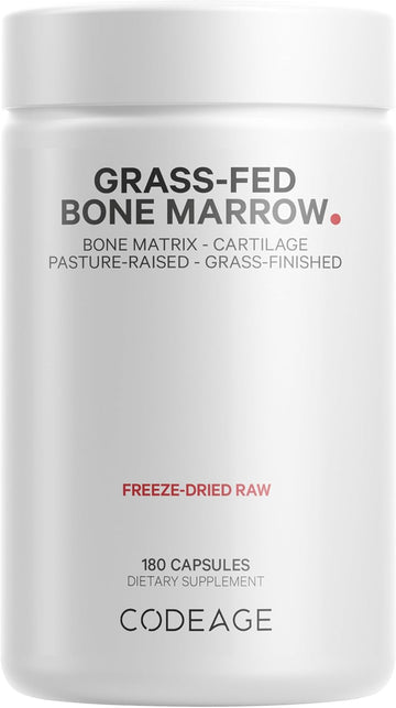 Codeage Grass Fed Bone Marrow Supplement - Freeze Dried, Non-Defatted, & Desiccated Beef Bone Marrow Pills - Raw Whole Bone Marrow, Bone Matrix, Cartilage - 3000Mg Per Serving - 180 Capsules