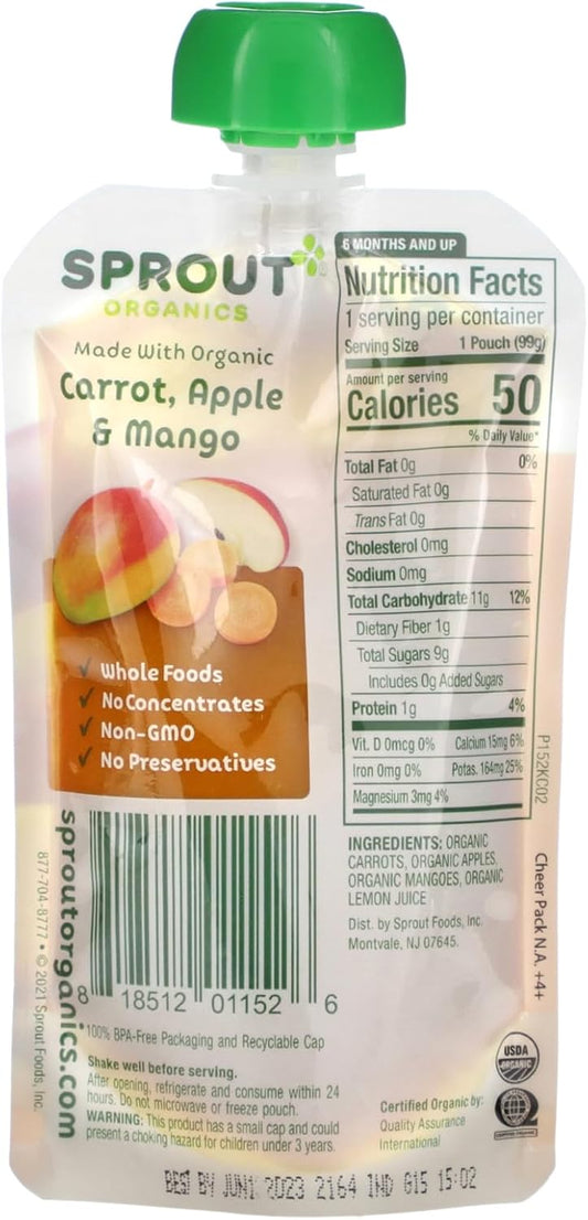 Sprout Organic Fruit & Veggie Blend Carrot Apple Mango, 3.5 Oz Pouch