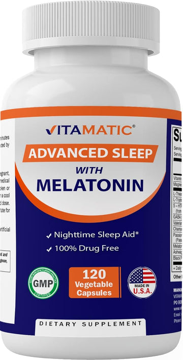 Vitamatic Advanced Sleep Aid With Melatonin - 120 Vegetable Capsules - Made With B6, Magnesium, L-Theanine, L-Tryptophan, 5-Htp, Gaba, Valerian, Chamomile, Passion Flower, Ashwagandha & Black Pepper