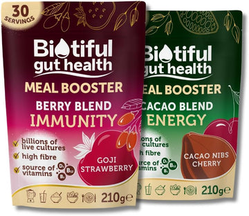 Biotiful Gut Health, Cacao Blend Energy & Berry Blend Immunity Bundle, Probiotics, Prebiotic Fibre, Source Of Vitamins D3 B5 B12, Greens Powder Alternative, Vegan Friendly, Gluten Free, 60 Servings