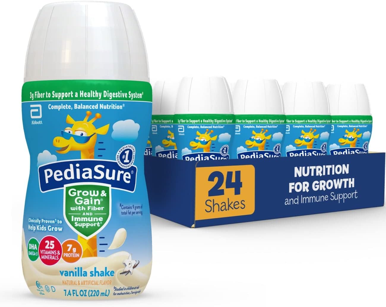 Pediasure Grow & Gain With Fiber, 3G Fiber To Support A Healthy Digestive System, Nutrients For Immune Support, Kids Nutritional Shake, Dha Omega-3, Non-Gmo, Vanilla, 7.4 Fl Oz (Pack Of 24)