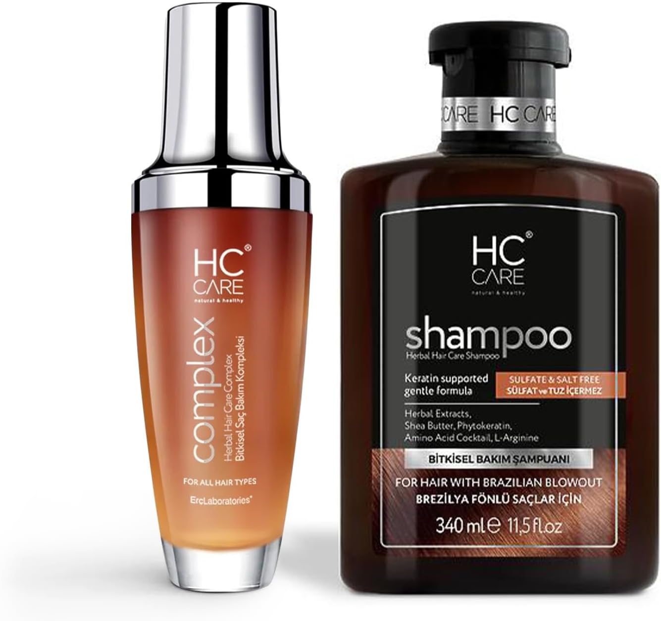 Hc Care Shampoo And Hc Complex 100% Herbal Hair Care Lotion Set, 340 Ml Shampoo + 100 Ml Hair Care Lotion, Damaged, Dry, Thickening (Brazilian Blow Dryer Dried Hair)
