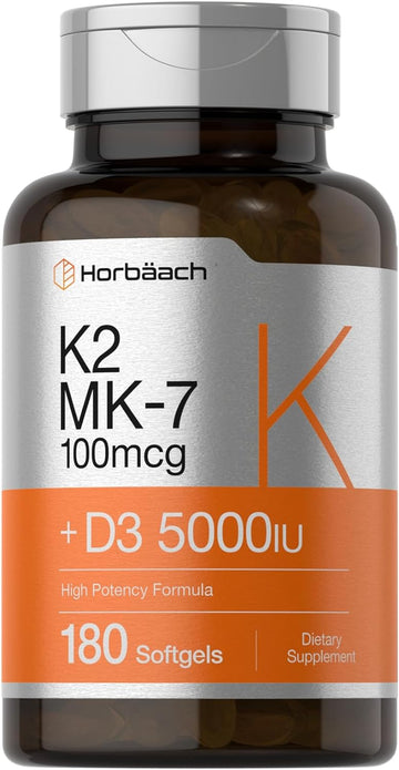 Horbach Vitamin D3 K2 | 5000iu of Vitamin D & 100mcg MK-7 Complex | 180 Softgel Capsules | Non-GMO & Gluten Free Supplement