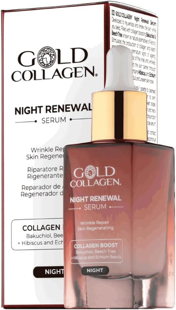 Gold Collagen Night Renewal- Face Serum, Boost Of Collagen & Elastin Skincare Regenerator & Natural Substitute For Retinol - Anti Aging, Fine Lines, Wrinkles Serum For Face Alcohol Free Skin Care 30Ml